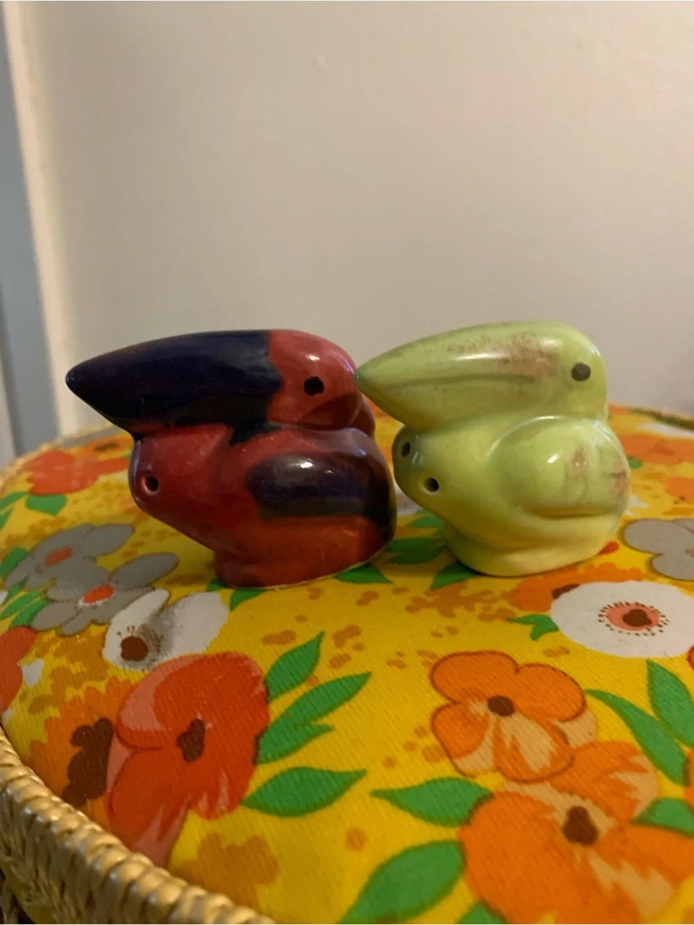 Vintage Ceramic Bird Salt & Pepper Shakers - Red/Black and Lime Green